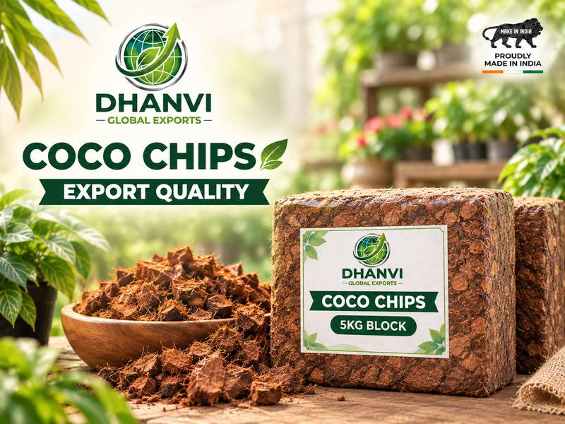 Dhanvi coco chips 5 kg block, wrapped and labelled for export
