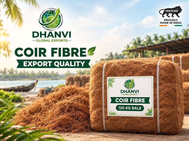 Dhanvi coir fibre bale with plastic straps and export label