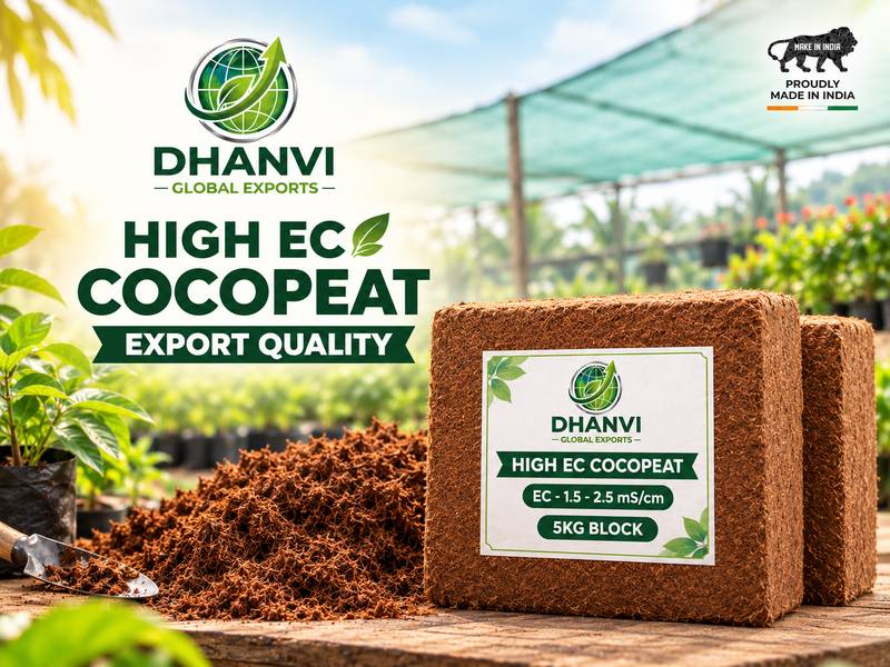 Dhanvi High EC cocopeat 5 kg block, wrapped and labelled for export
