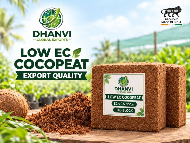 Dhanvi Low EC cocopeat 5 kg block, wrapped and labelled for export